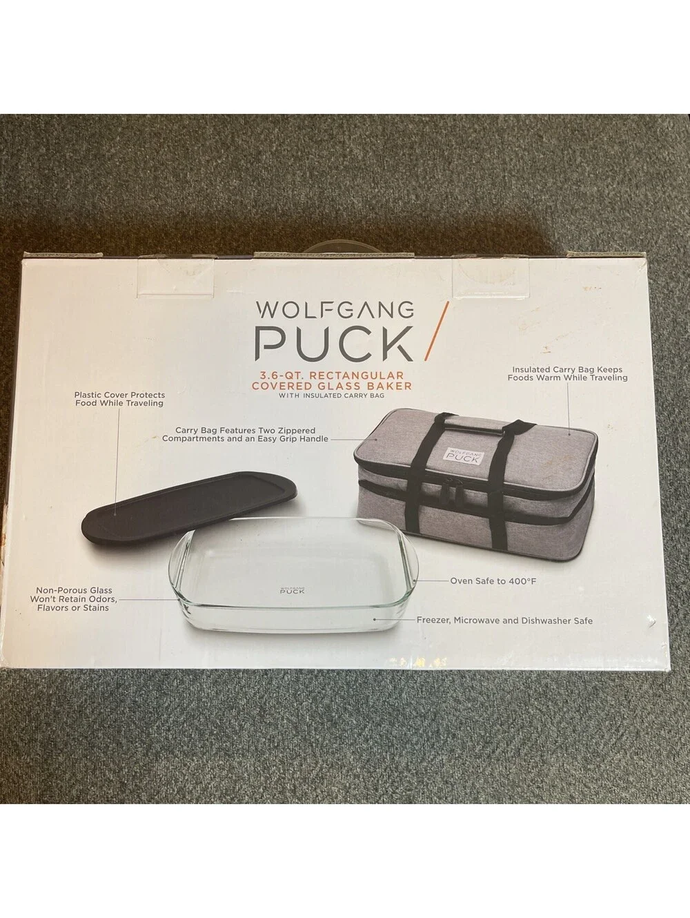NIB Wolfgang Puck 3.6 Qt. Rectangular GLASS Baking Dish with Insulated Carry Bag